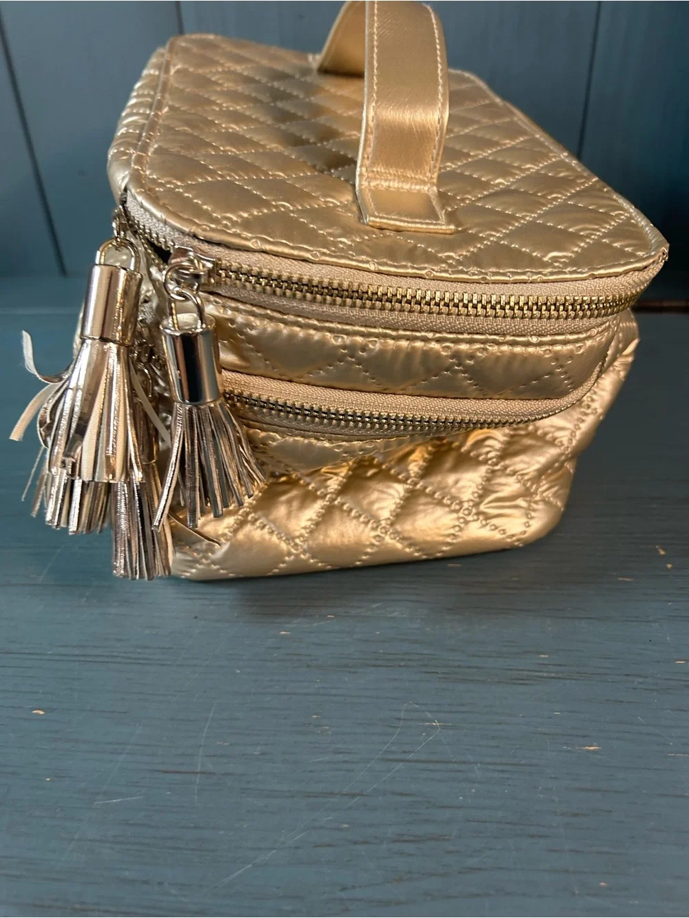 Tartan + Twine Quilted Metallic Cosmetic Train Case - Gold | Double Zipper